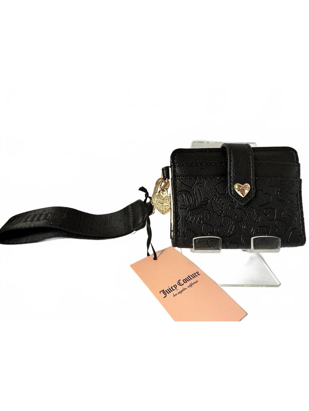 Juicy Couture Black Heart Embossed Logo Wristlet Wallet, Strap with Charm - NWT